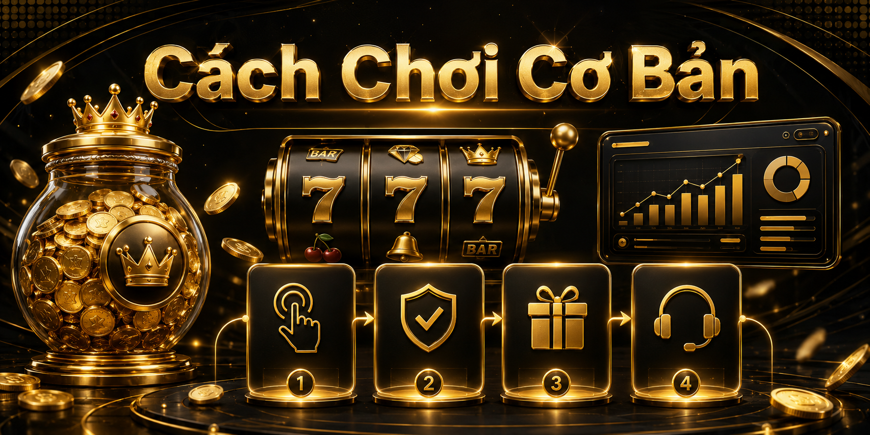 Cách chơi cơ bản Nổ Hũ với hũ vàng, máy quay 777 và bốn ô hướng dẫn