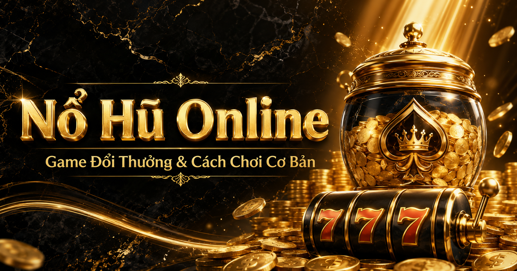 Nổ Hũ Online với hũ vàng và máy quay 777 trên nền đen vàng
