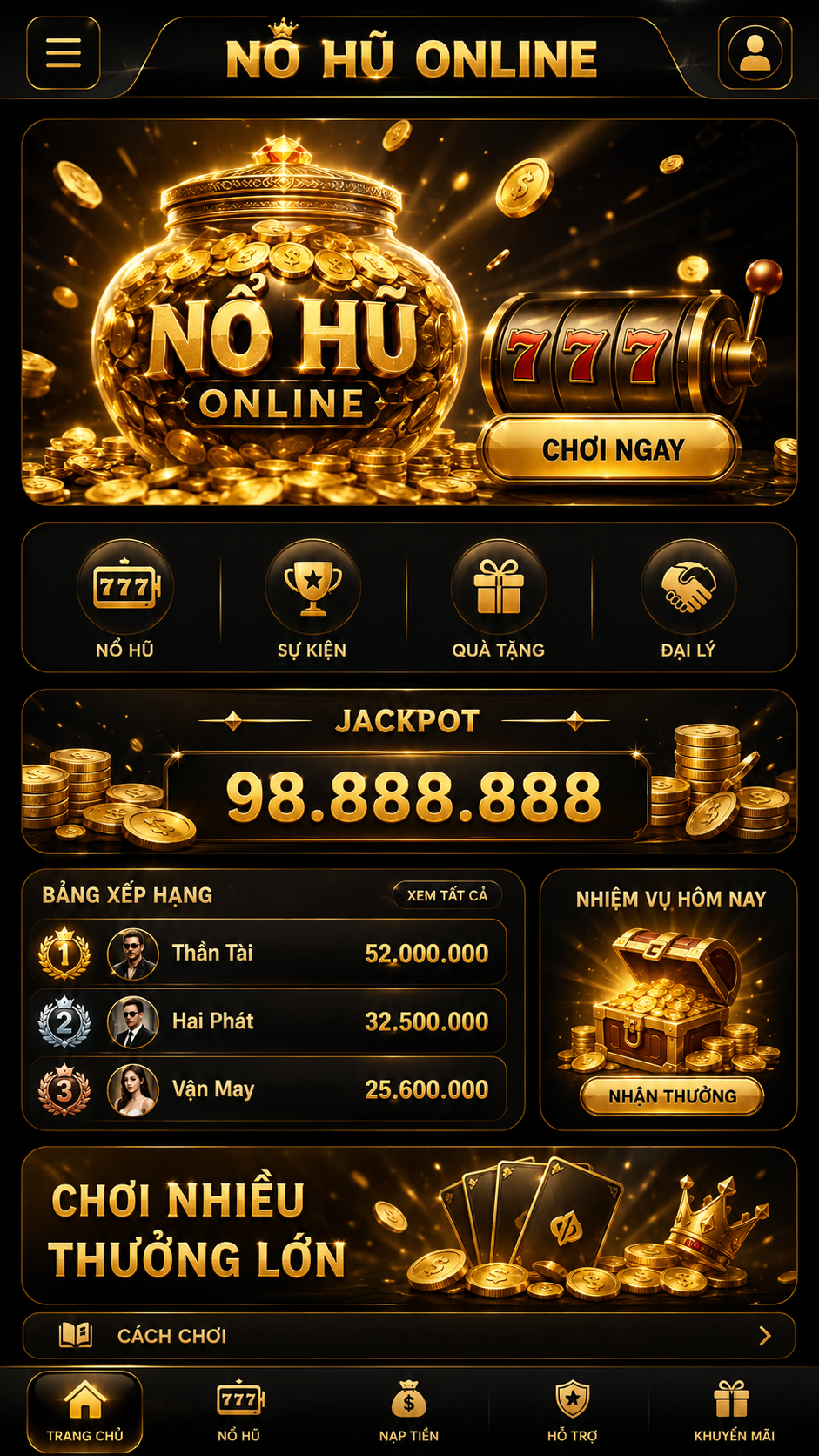Giao diện điện thoại nổ hũ online màu đen vàng với nhiều ô hướng dẫn