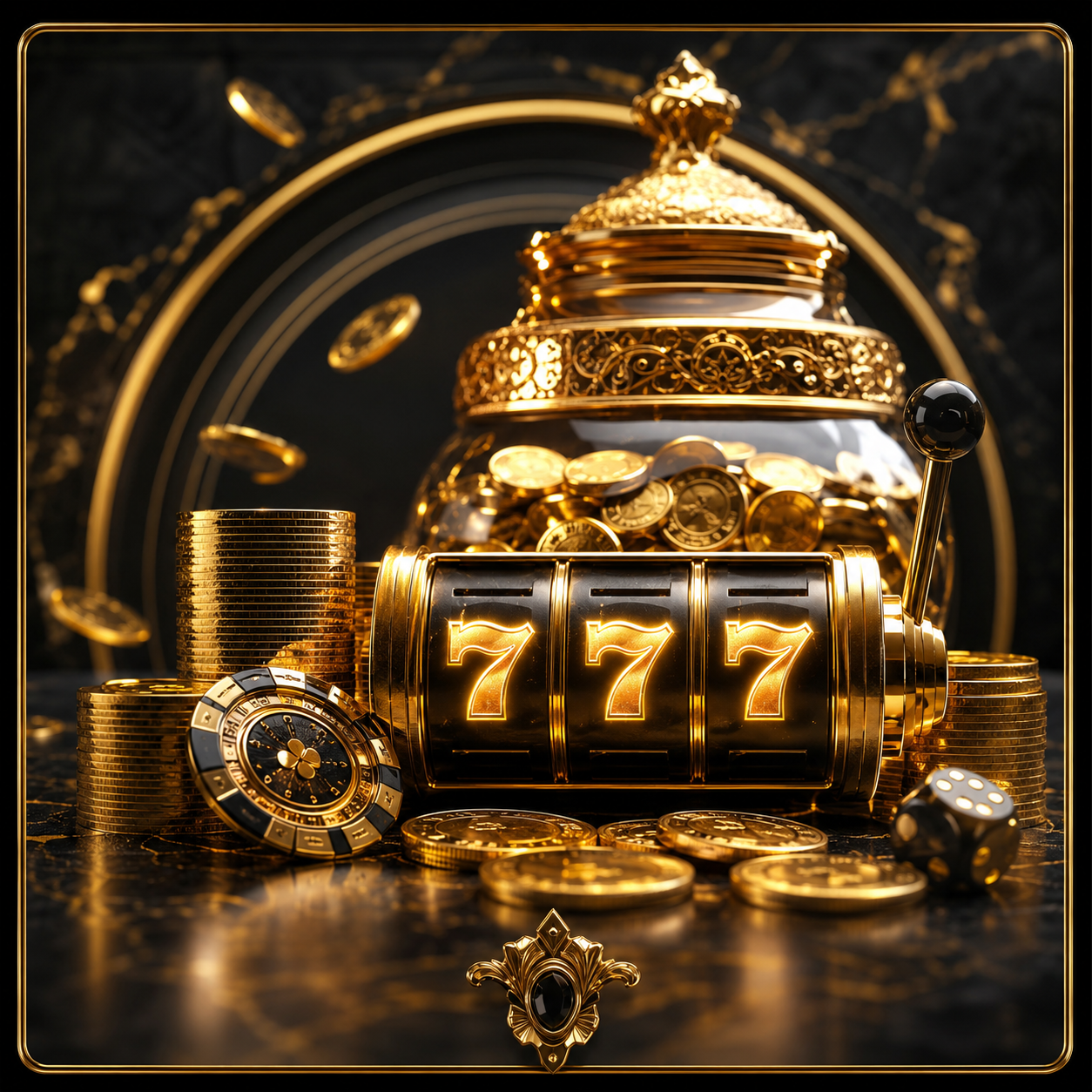Máy slot 777 màu đen vàng cạnh hũ tiền và chip